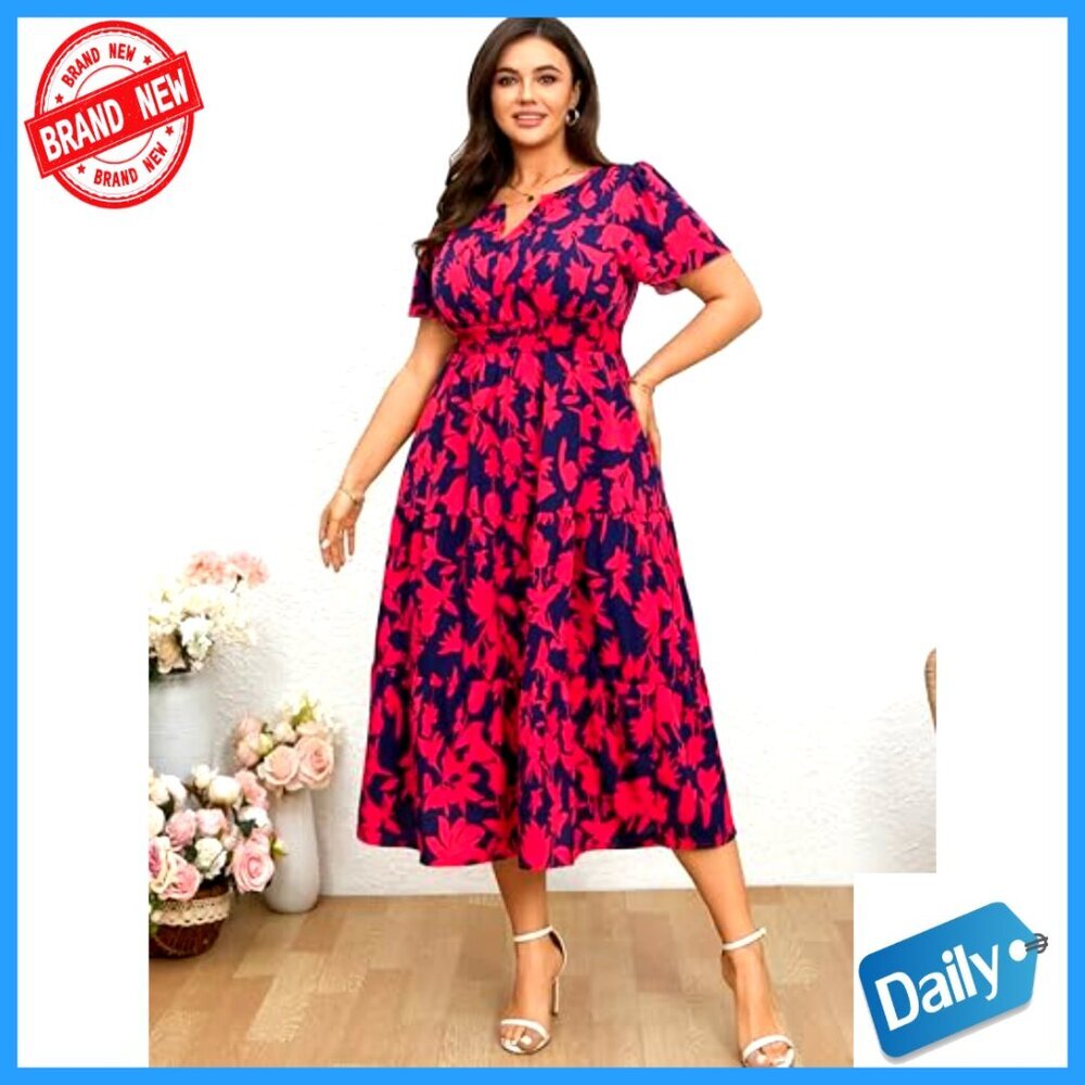 Plus Size Summer Maxi Dress V Neck Smocked Boho Floral Beach Wedding Guest - Picture 4 of 7